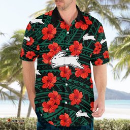 Rabbitohs Rugby Hawaiian Shirt Polynesian Style With Hibiscus
