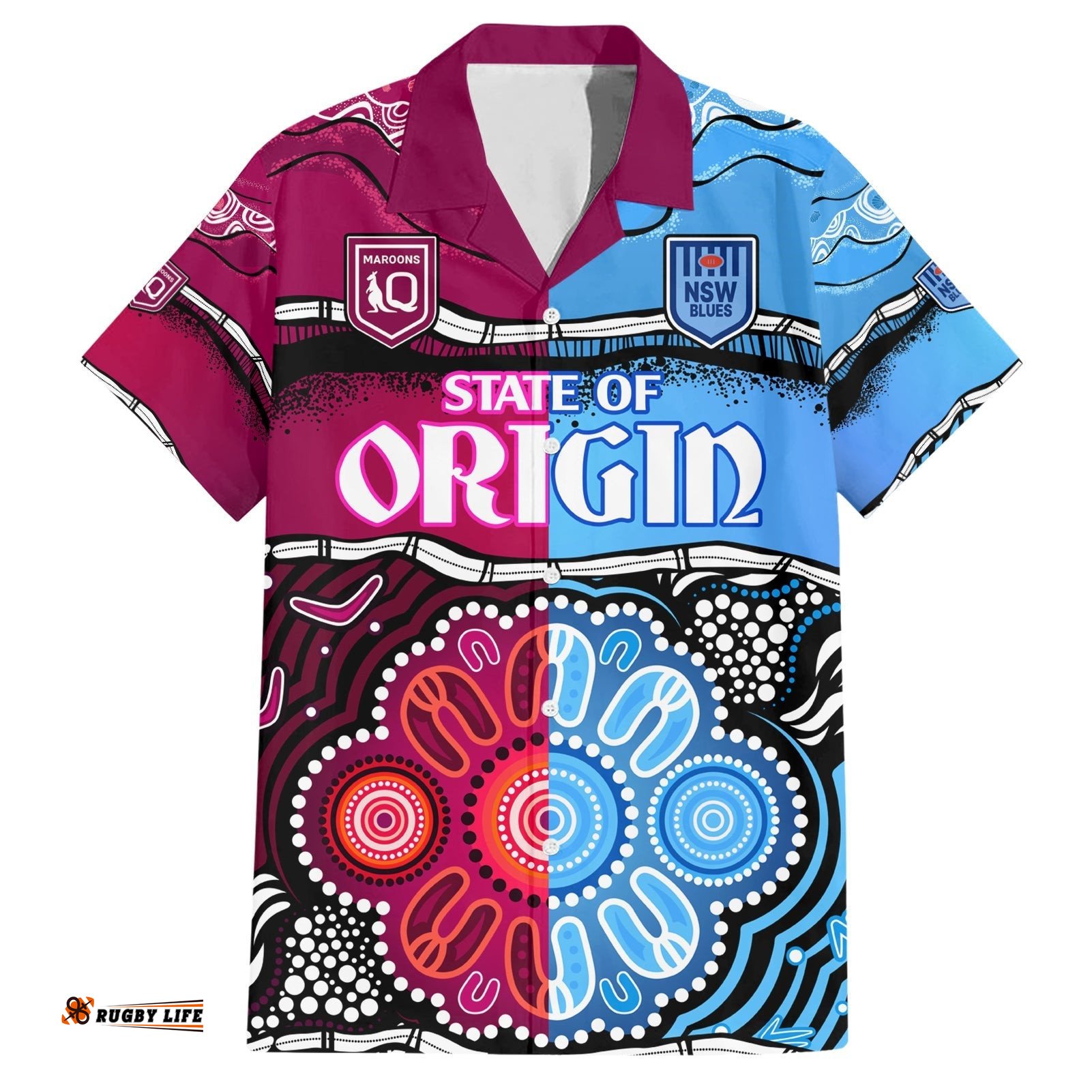 Custom Text And Number NSW Combine QLD State of Origin Hawaiian Shirt New South Wales and Queensland Aboriginal