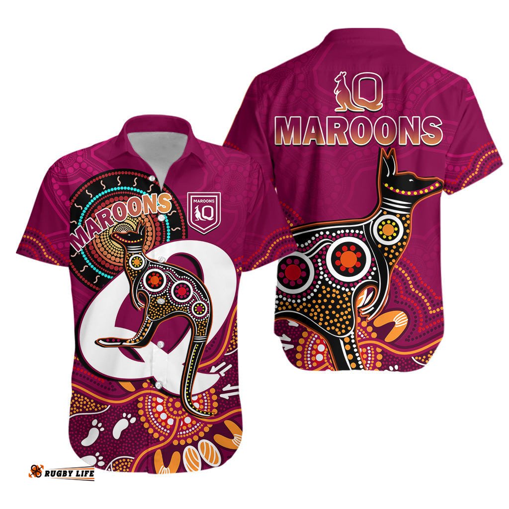Maroons Rugby Hawaiian Shirt Queensland Kangaroo Aboriginal Dot Paintings