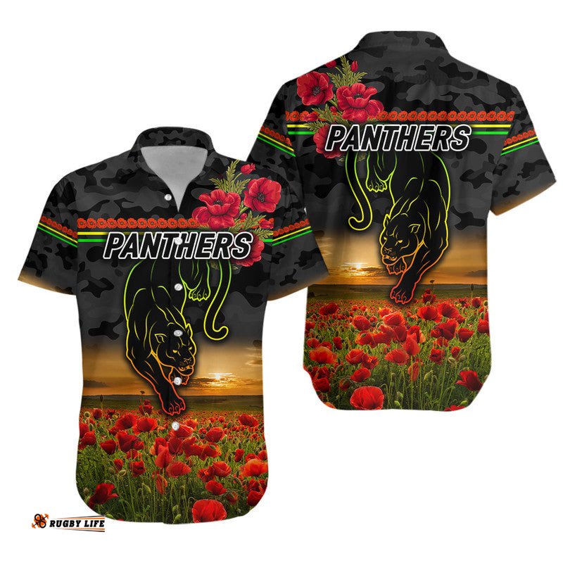 Penrith Panthers ANZAC Hawaiian Shirt Poppy Flowers Vibes Black