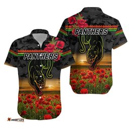 Penrith Panthers ANZAC Hawaiian Shirt Poppy Flowers Vibes Black
