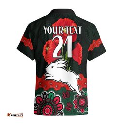 Custom Text And Number ANZAC NRL Rabbitohs Rugby Hawaiian Shirt The Bunnies 1908 Poppy Flowers Mixed Aboriginal