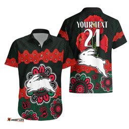 Custom Text And Number ANZAC NRL Rabbitohs Rugby Hawaiian Shirt The Bunnies 1908 Poppy Flowers Mixed Aboriginal