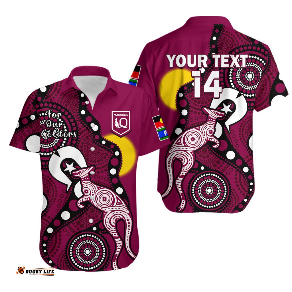 Custom Text And Number Maroons Rugby NAIDOC Hawaiian Shirt QLD For Our Elders Indigenous Art