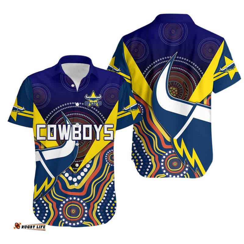 Cowboys Rugby Hawaiian Shirt Indigenous Arboriginal Dot Paint Navy Style