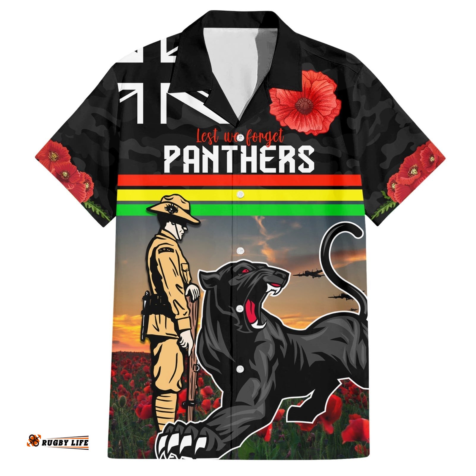 Custom Panthers Rugby ANZAC Day Hawaiian Shirt Soldiers Poppy Field 2024