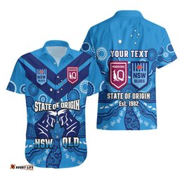 Personalised QLD Maroons and NSW Blues Rugby Hawaiian Shirt State of Origin Indigenous Blue