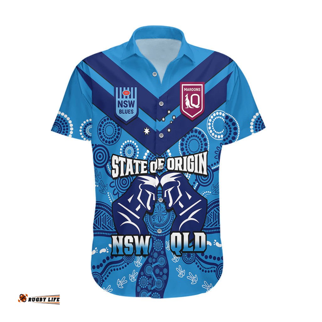 Personalised QLD Maroons and NSW Blues Rugby Hawaiian Shirt State of Origin Indigenous Blue