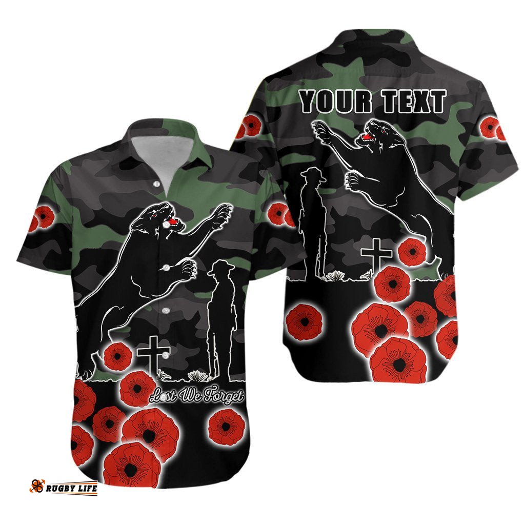 Custom Personalised Panthers ANZAC Day Hawaiian Shirt Simple Poppy