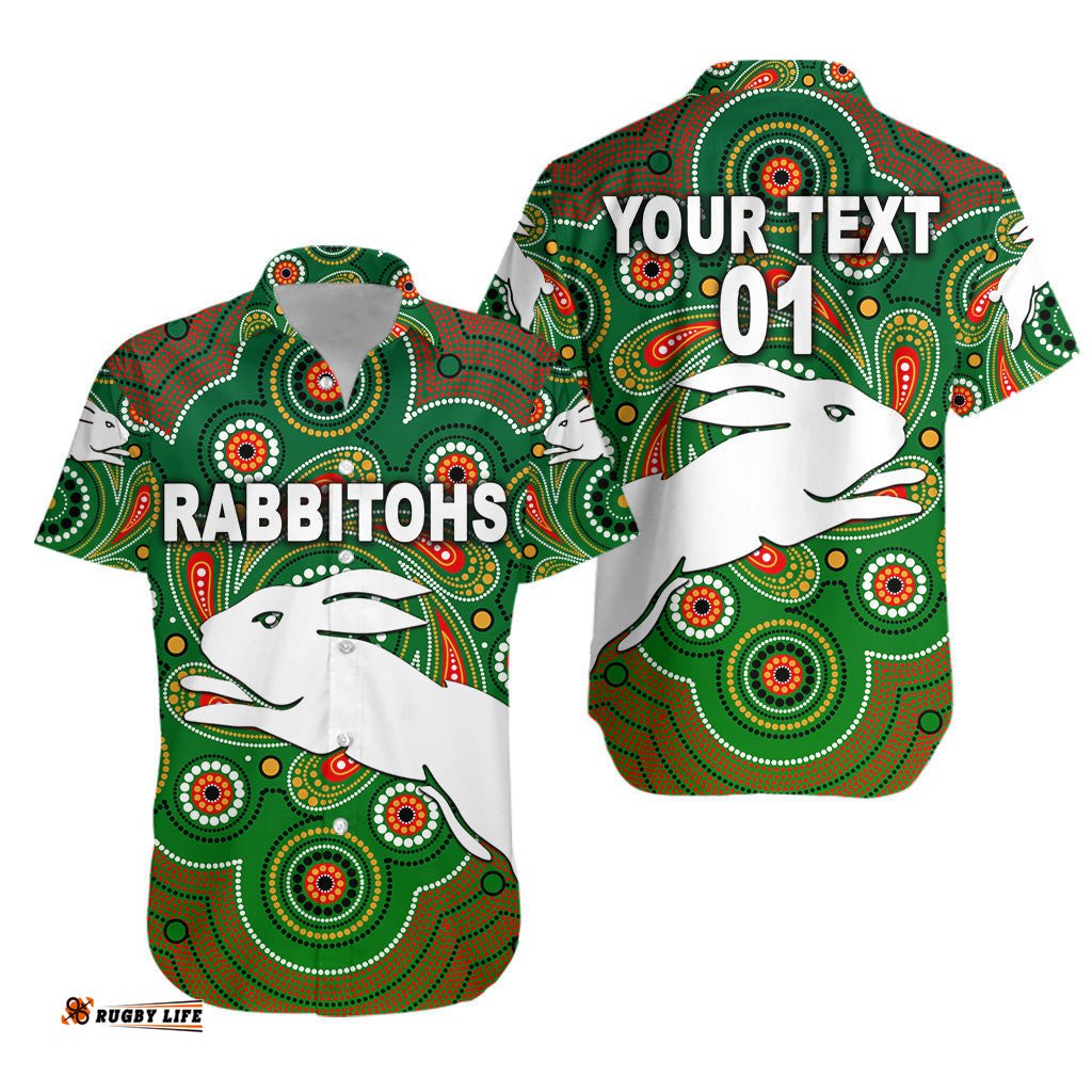 Custom Personalised South Sydney Rabbitohs Hawaiian Shirt Indigenous Vibes Green, Custom Text And Number