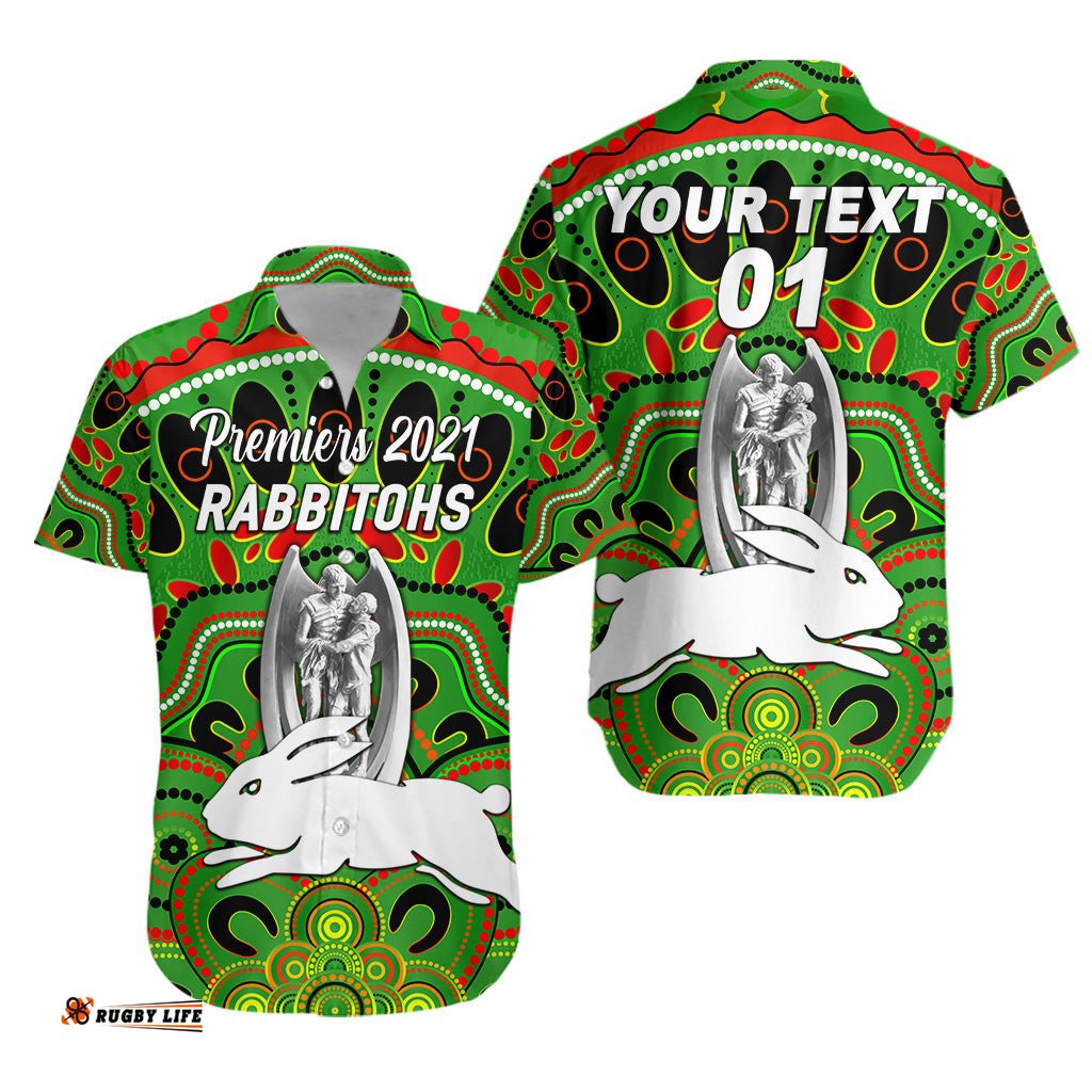 Custom Personalised South Sydney Rabbitohs Hawaiian Shirt Indigenous Premiers Trophy Green, Custom Text And Number