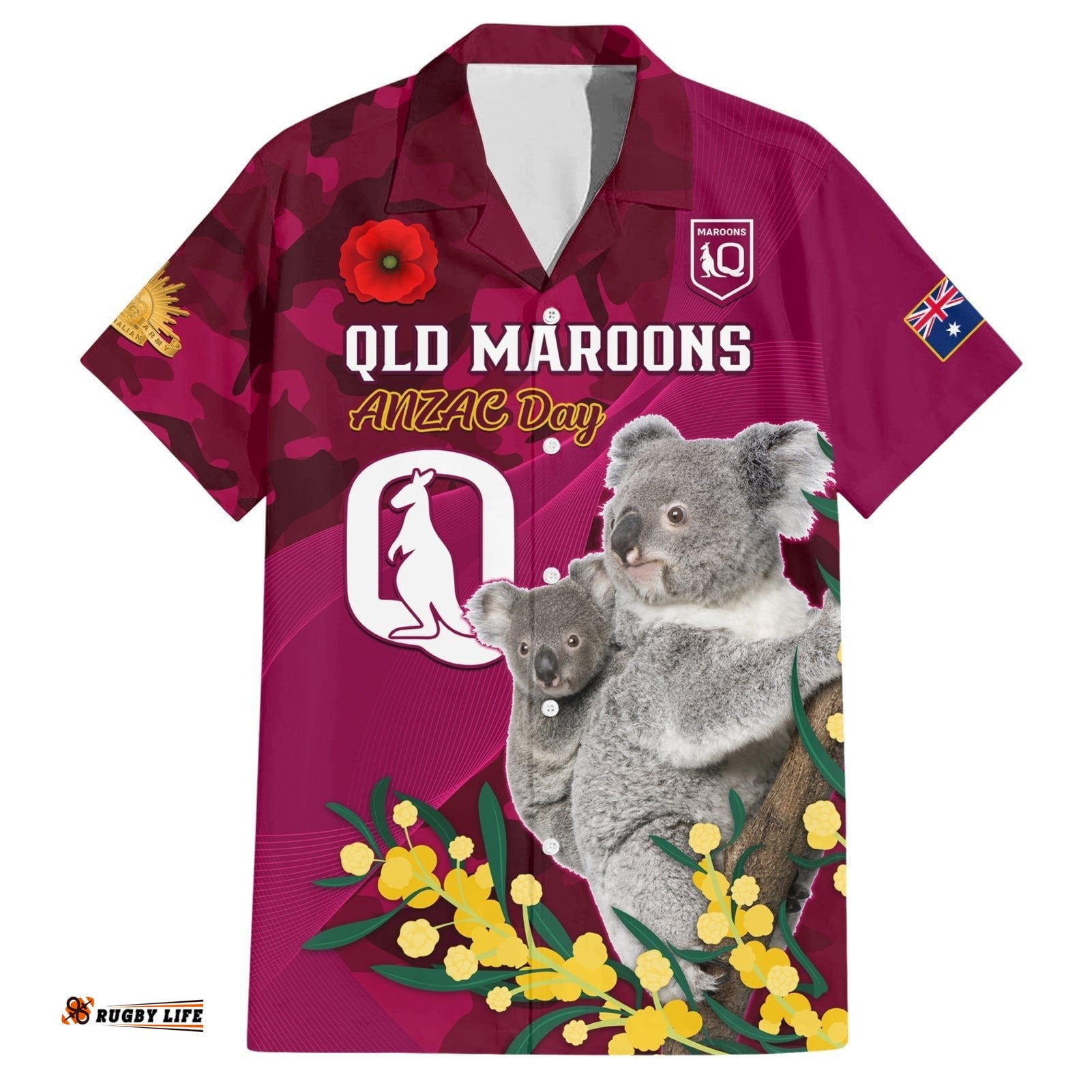 Custom QLD Maroons ANZAC Day Hawaiian Shirt Australian Koala Mix Camouflage