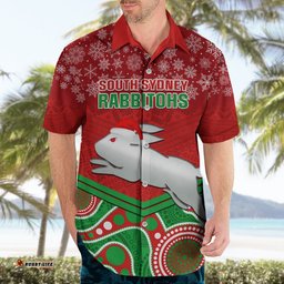 Custom Rabbitohs Rugby Christmas Hawaiian Shirt Merry Xmas Mix Aboriginal Art