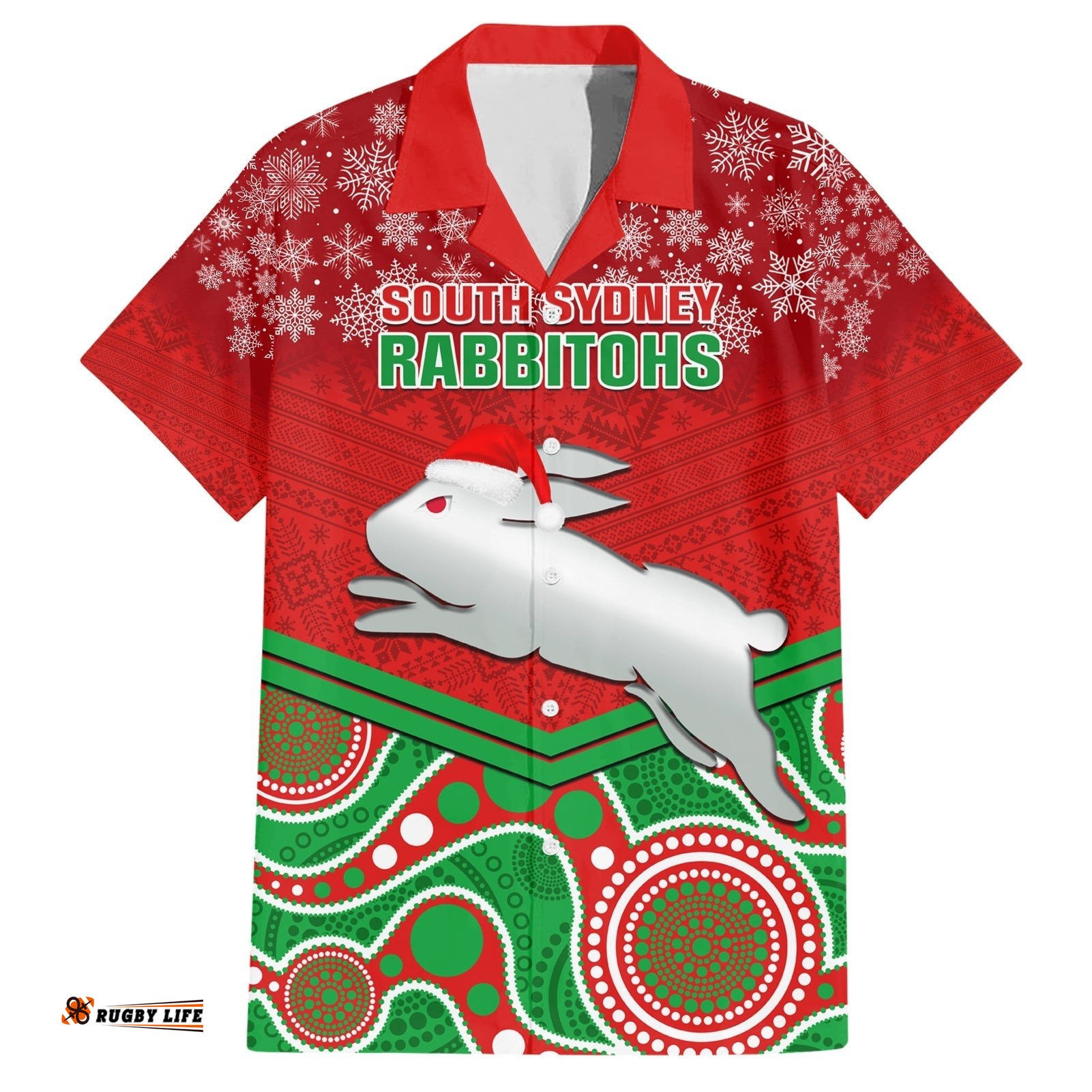 Custom Rabbitohs Rugby Christmas Hawaiian Shirt Merry Xmas Mix Aboriginal Art