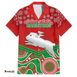 Custom Rabbitohs Rugby Christmas Hawaiian Shirt Merry Xmas Mix Aboriginal Art