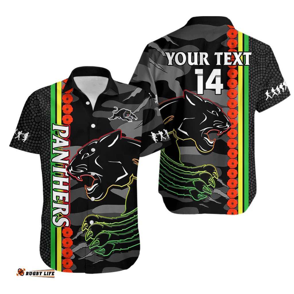 Custom Text And Number Panthers Rugby ANZAC Hawaiian Shirt Aboriginal Mix Poppy Camouflage Black