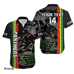Custom Text And Number Panthers Rugby ANZAC Hawaiian Shirt Aboriginal Mix Poppy Camouflage Black