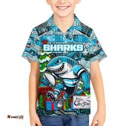 Custom Sharks Rugby Merry Christmas Hawaiian Shirt Indigenous Australian Art