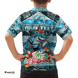 Custom Sharks Rugby Merry Christmas Hawaiian Shirt Indigenous Australian Art