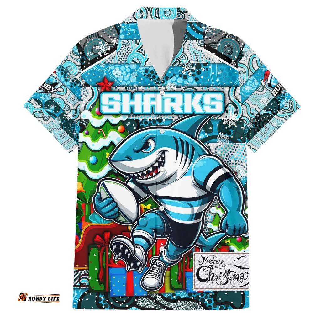 Custom Sharks Rugby Merry Christmas Hawaiian Shirt Indigenous Australian Art