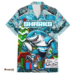 Custom Sharks Rugby Merry Christmas Hawaiian Shirt Indigenous Australian Art