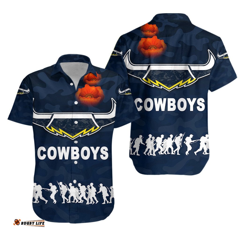 North Queensland Cowboys Hawaiian Shirt ANZAC Day Camouflage Vibes Navy