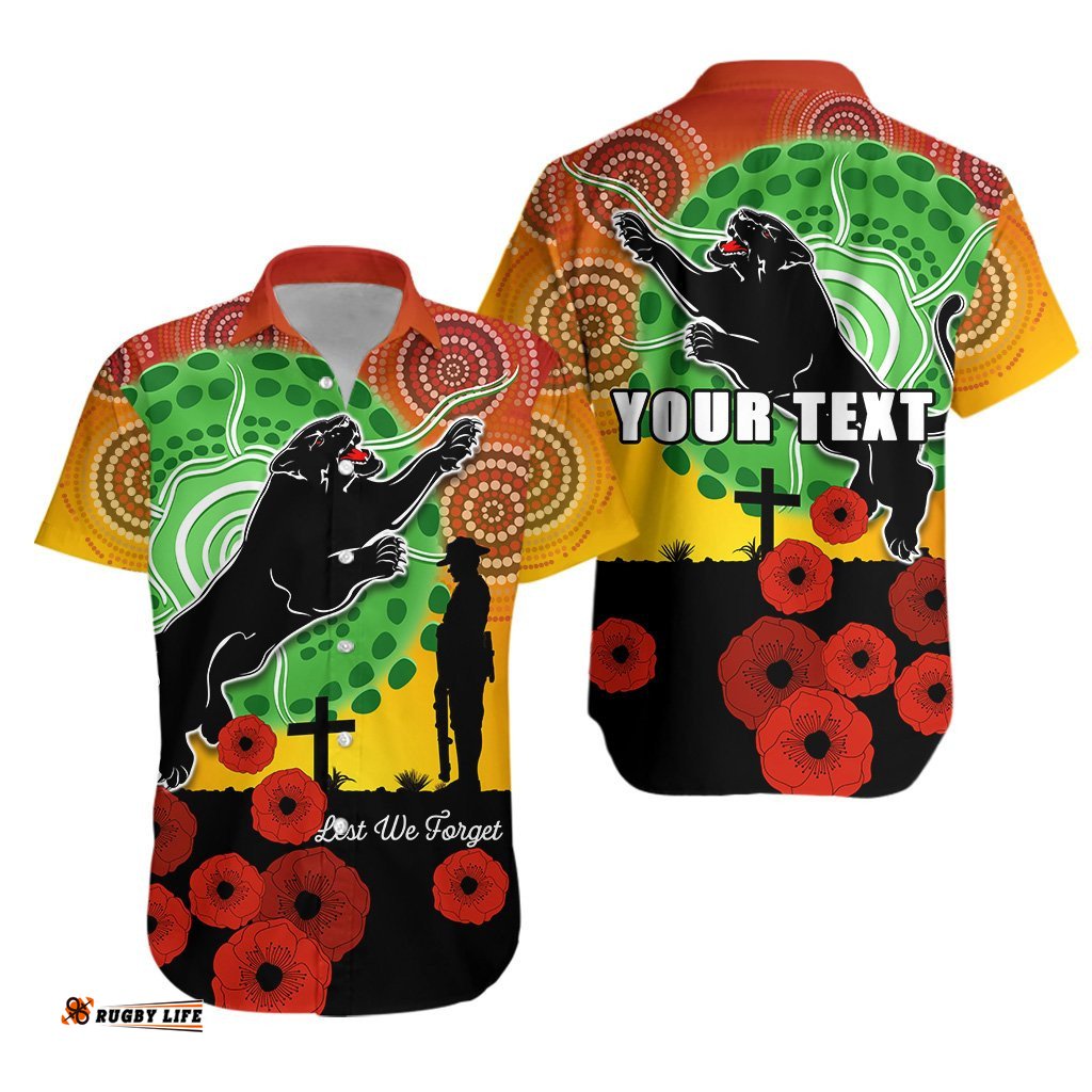 Custom Personalised Panthers ANZAC Day Hawaiian Shirt Mix Indigenous Lest We Forget