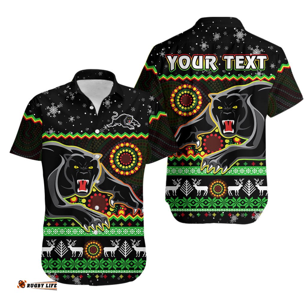 Custom Personalised Panthers Christmas Hawaiian Shirt Aboriginal Pattern Penrith Black Version