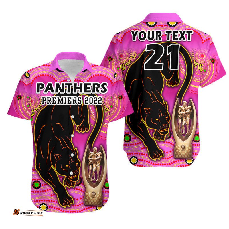 Custom Personalised Penrith Panthers Rugby Hawaiian Shirt Pink Crouching Panther Premiers