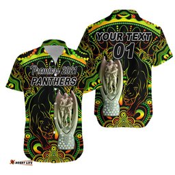 Custom Personalised Penrith Panthers Hawaiian Shirt Indigenous Premiers Trophy, Custom Text And Number
