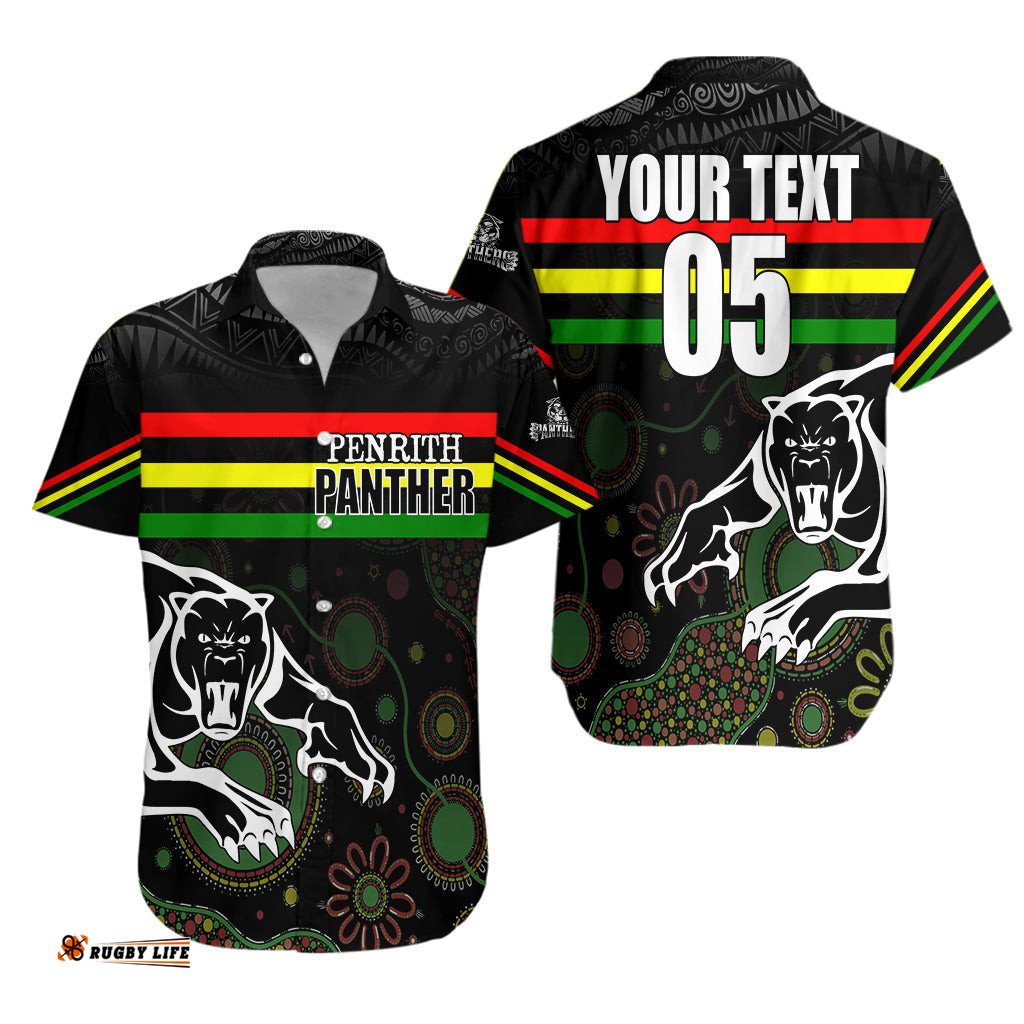 Custom Personalised Penrith Black Panther Hawaiian Shirt Aboriginal Art with Abstract Pattern