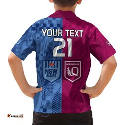 Custom Text And Number Blues and Maroons Rugby Hawaiian Shirt State of Origin NSW Combine QLD Sporty Style