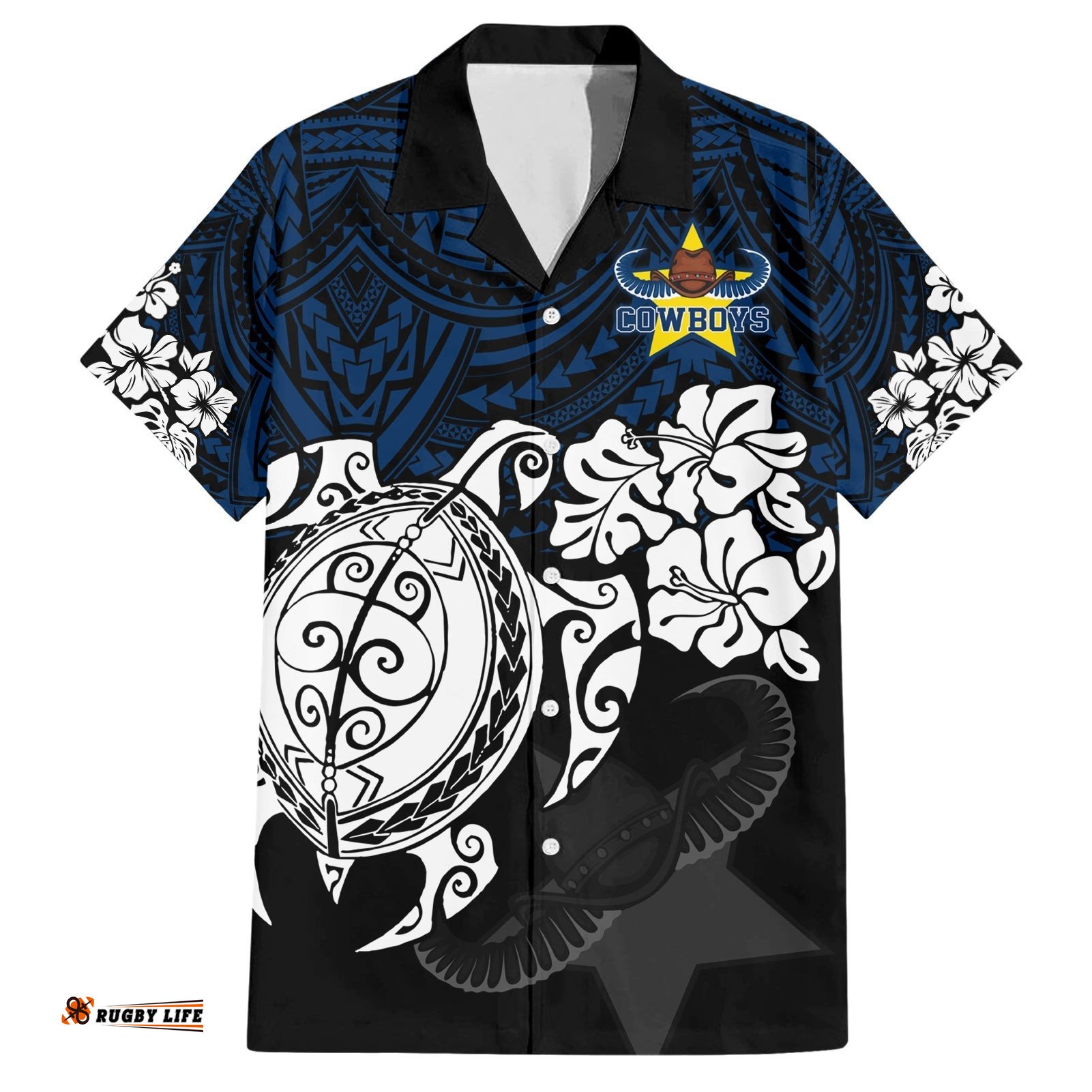Custom Cowboys Rugby Hawaiian Shirt Hibiscus and Turtle With Polynesian Pattern