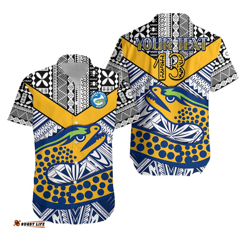 Custom Text and Number Eels Rugby Hawaiian Shirt Polynesian Tapa Pattern Premiers