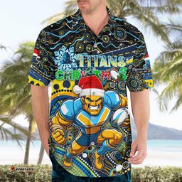 Merry Christmas Gold Coast Titans Hawaiian Shirt Aboriginal Santa Rugby Mascot Light Blue