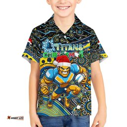 Merry Christmas Gold Coast Titans Hawaiian Shirt Aboriginal Santa Rugby Mascot Light Blue