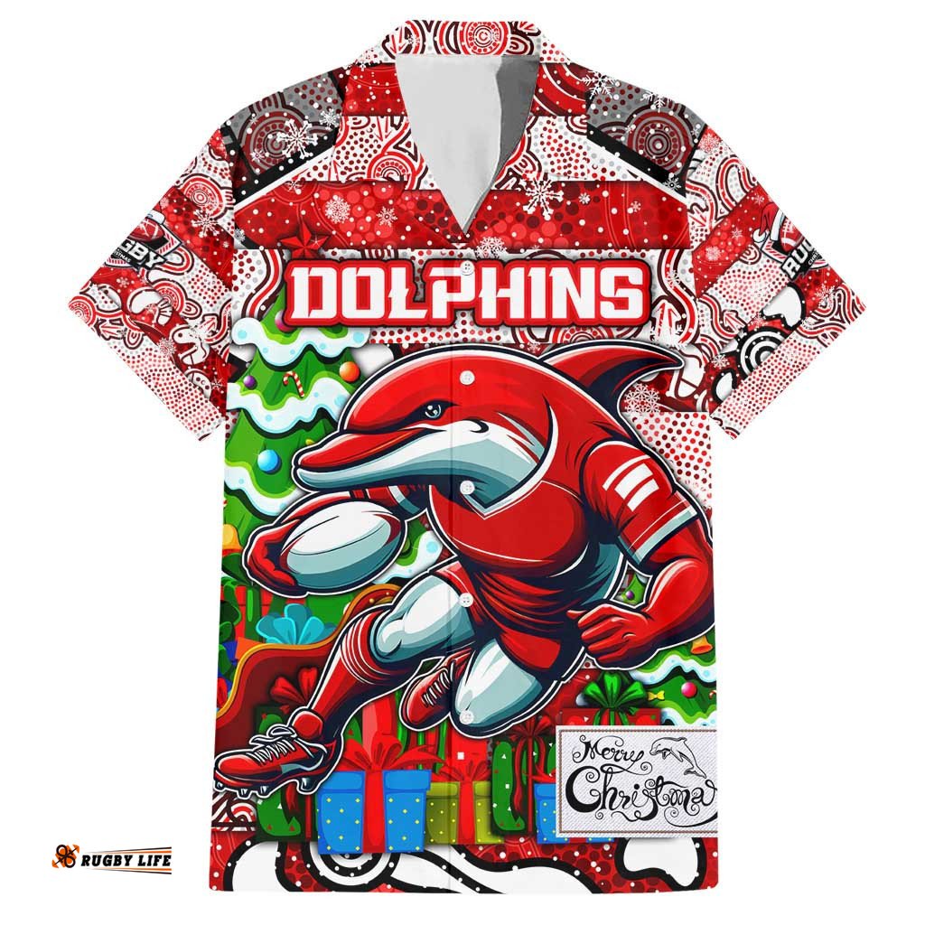 Custom Dolphins Rugby Merry Christmas Hawaiian Shirt Indigenous Australian Art
