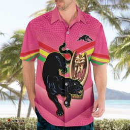 Personalised Panthers Rugby 2024 Hawaiian Shirt Mascot With Trophy Go Champions Aboriginal Art Pink
