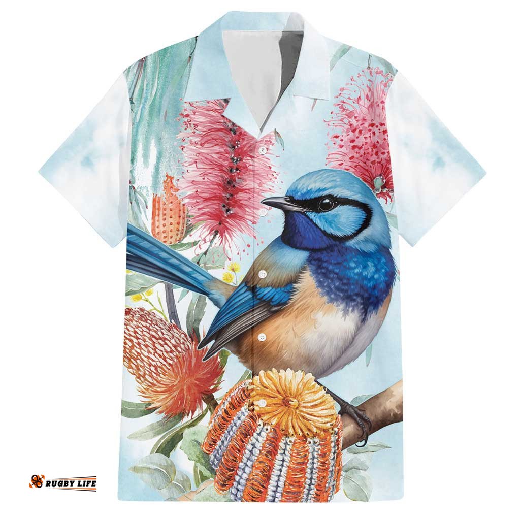 Splendid Fairywren Australia Hawaiian Shirt Aussie National Flowers Watercolor Style