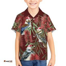 Australia Christmas Hawaiian Shirt Kookaburra Santa on Red Bottlebrush