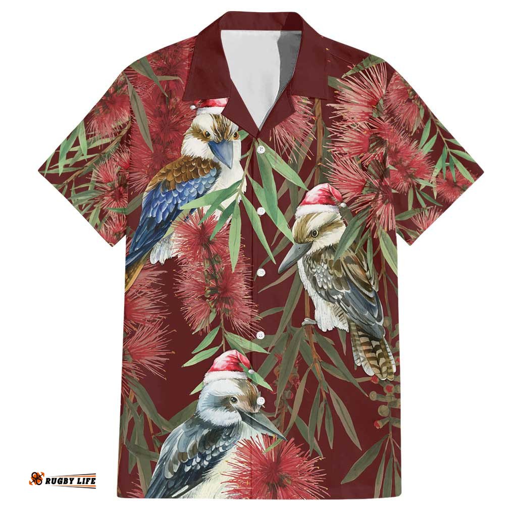Australia Christmas Hawaiian Shirt Kookaburra Santa on Red Bottlebrush