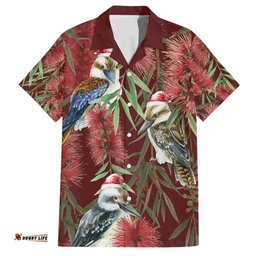 Australia Christmas Hawaiian Shirt Kookaburra Santa on Red Bottlebrush