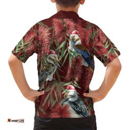 Australia Christmas Hawaiian Shirt Kookaburra Santa on Red Bottlebrush