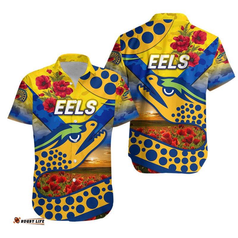 Parramatta Eels ANZAC Hawaiian Shirt Poppy Flowers Vibes Gold