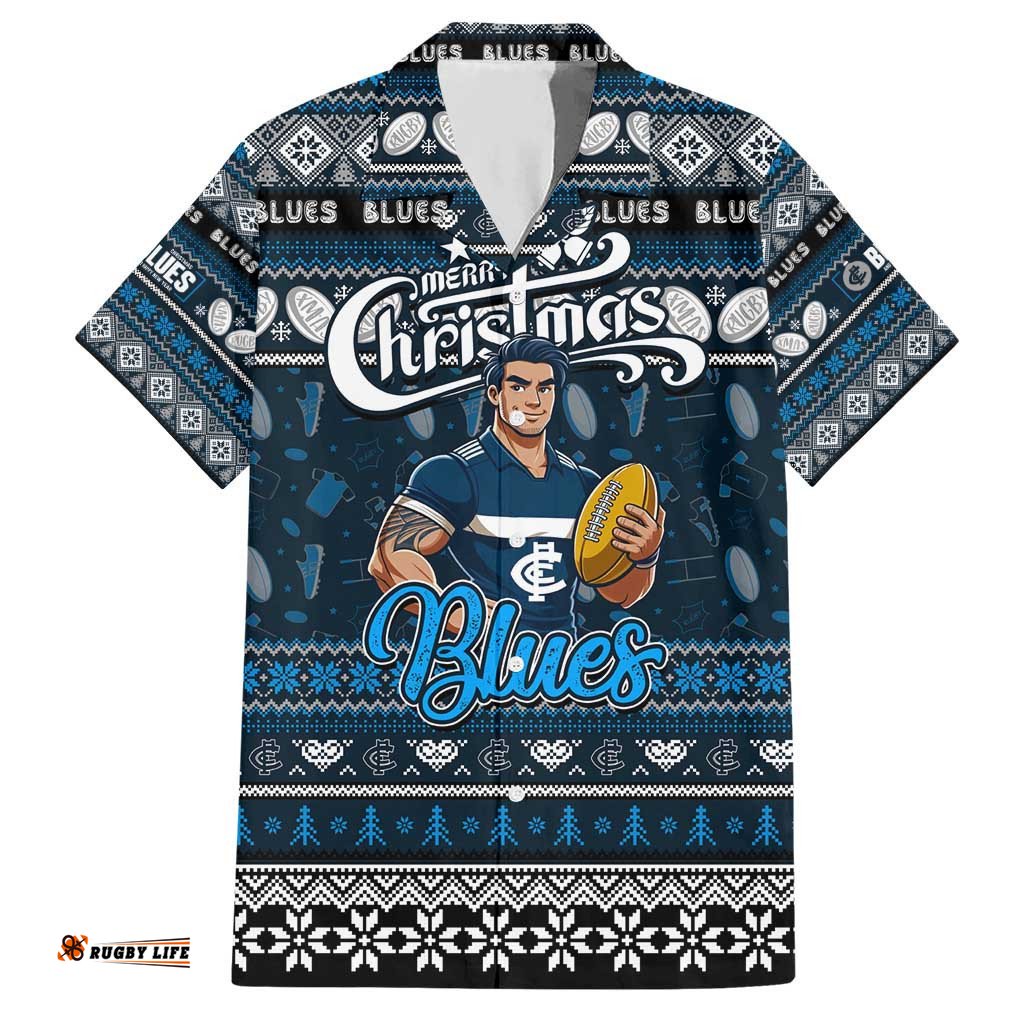 Personalized Blues Football Xmas Hawaiian Shirt Australia AFL Mascot
