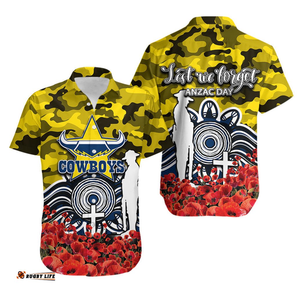 North Queensland Cowboys Hawaiian Shirt ANZAC Day Poppy Flowers With Army Patterns