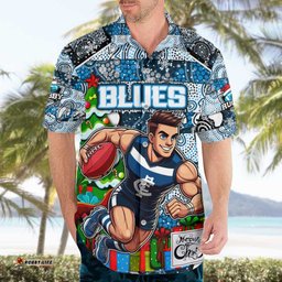 Custom Blues Football Merry Christmas Hawaiian Shirt Indigenous Australian Art
