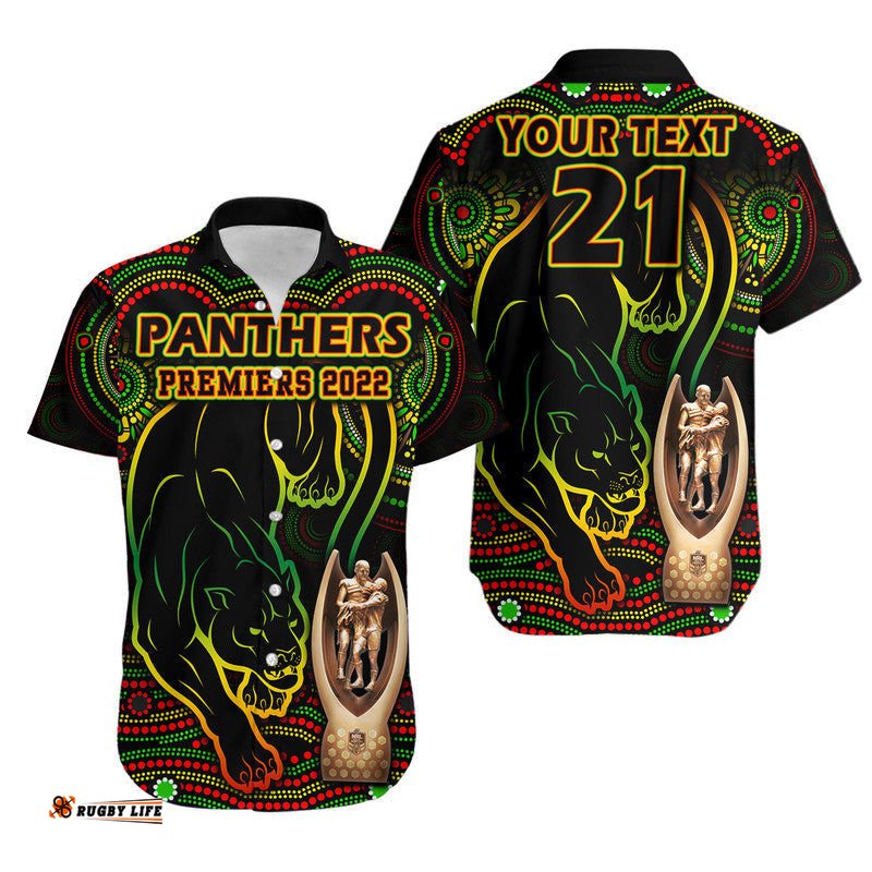 Custom Personalised Penrith Panthers Rugby Hawaiian Shirt Black Crouching Panther Premiers