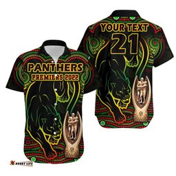 Custom Personalised Penrith Panthers Rugby Hawaiian Shirt Black Crouching Panther Premiers