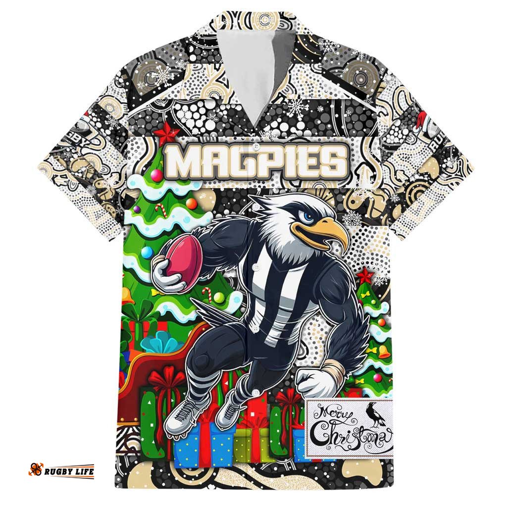 Custom Magpies Football Merry Christmas Hawaiian Shirt Indigenous Australian Art